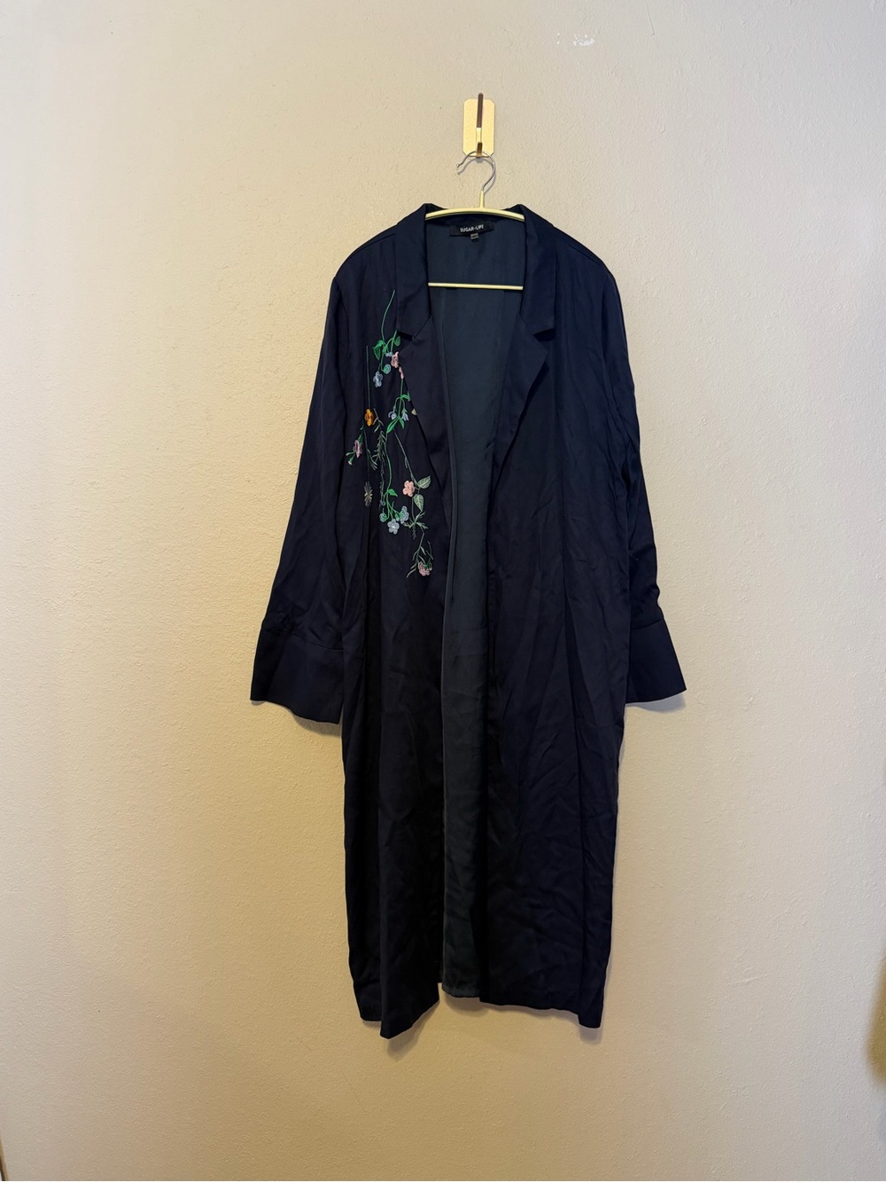 Sugarlips Navy Floral Embroidered Satin Kimono Jacket Duster Size Large